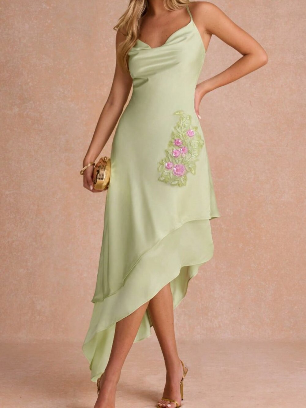 Mint Green Elegant Floral Embroidered Spaghetti Strap Appliques Long Dress - Picture 3 of 7